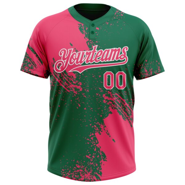 Custom Neon Pink Kelly Green-White 3D Pattern Abstract Brush Stroke Two-Button Unisex Softball Jersey