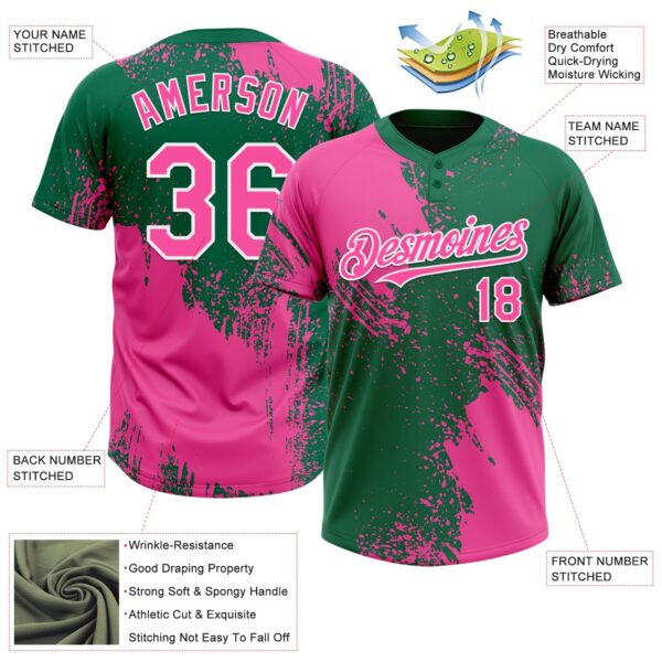 Custom Pink Kelly Green-White 3D Pattern Abstract Brush Stroke Two-Button Unisex Softball Jersey