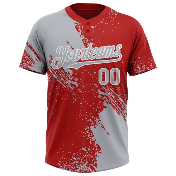 Custom Gray Red-White 3D Pattern Abstract Brush Stroke Two-Button Unisex Softball Jersey