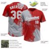 Custom Gray Red-White 3D Pattern Abstract Brush Stroke Two-Button Unisex Softball Jersey