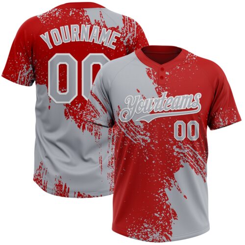 Custom Gray Red-White 3D Pattern Abstract Brush Stroke Two-Button Unisex Softball Jersey