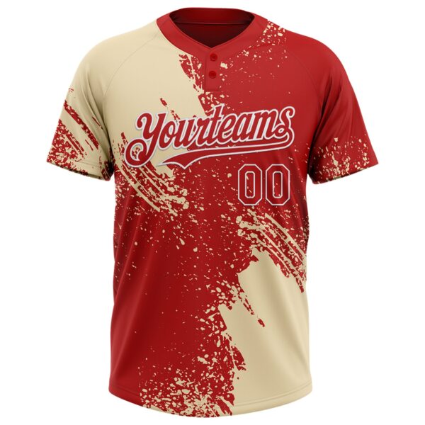 Custom Cream Red-White 3D Pattern Abstract Brush Stroke Two-Button Unisex Softball Jersey