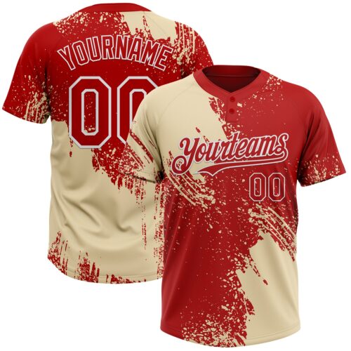 Softball1812 Custom Cream Red-White 3D Pattern Abstract Brush Stroke Two-Button Unisex Softball Jersey
