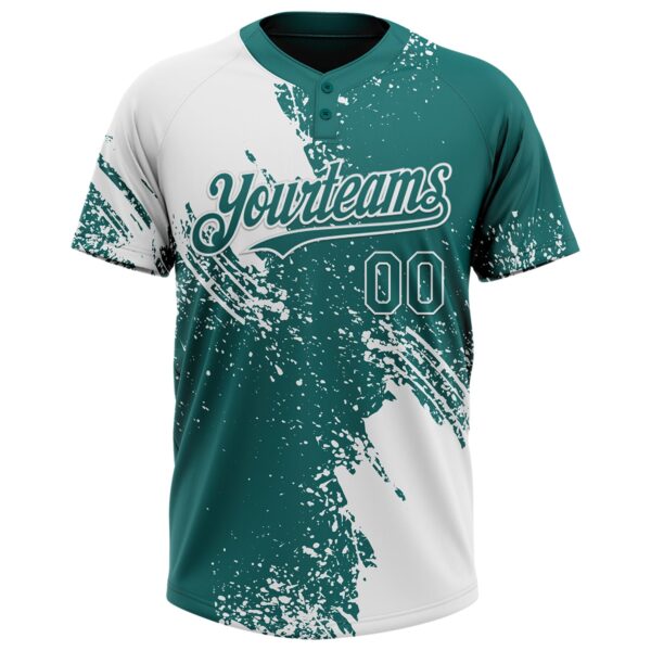 Custom White Teal 3D Pattern Abstract Brush Stroke Two-Button Unisex Softball Jersey