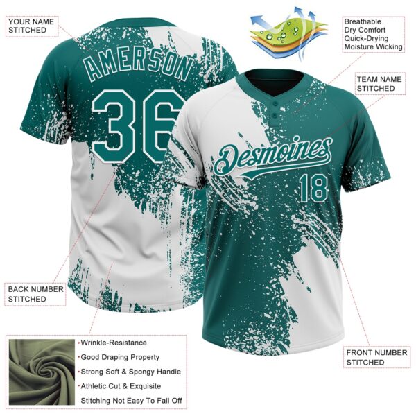 Custom White Teal 3D Pattern Abstract Brush Stroke Two-Button Unisex Softball Jersey