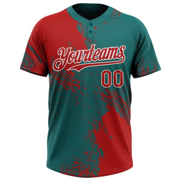 Custom Red Teal-White 3D Pattern Abstract Brush Stroke Two-Button Unisex Softball Jersey