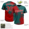 Custom Red Teal-White 3D Pattern Abstract Brush Stroke Two-Button Unisex Softball Jersey