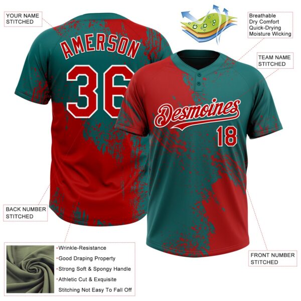 Custom Red Teal-White 3D Pattern Abstract Brush Stroke Two-Button Unisex Softball Jersey