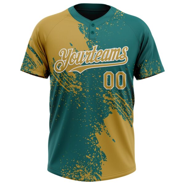 Custom Old Gold Teal-White 3D Pattern Abstract Brush Stroke Two-Button Unisex Softball Jersey
