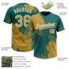 Custom Old Gold Teal-White 3D Pattern Abstract Brush Stroke Two-Button Unisex Softball Jersey