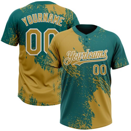 Softball1815 Custom Old Gold Teal-White 3D Pattern Abstract Brush Stroke Two-Button Unisex Softball Jersey