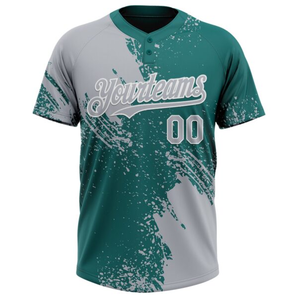 Custom Gray Teal-White 3D Pattern Abstract Brush Stroke Two-Button Unisex Softball Jersey