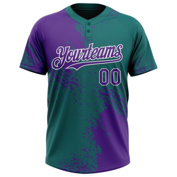 Custom Purple Teal-White 3D Pattern Abstract Brush Stroke Two-Button Unisex Softball Jersey