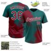 Custom Crimson Teal-White 3D Pattern Abstract Brush Stroke Two-Button Unisex Softball Jersey