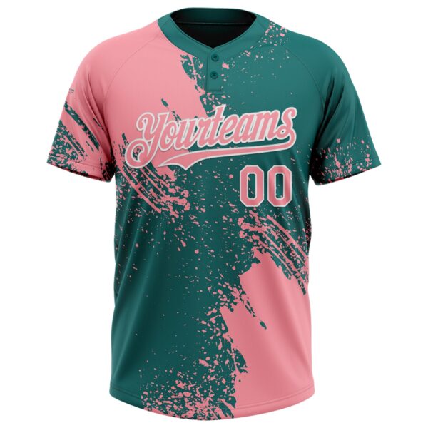 Custom Medium Pink Teal-White 3D Pattern Abstract Brush Stroke Two-Button Unisex Softball Jersey