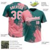 Custom Medium Pink Teal-White 3D Pattern Abstract Brush Stroke Two-Button Unisex Softball Jersey