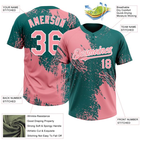 Custom Medium Pink Teal-White 3D Pattern Abstract Brush Stroke Two-Button Unisex Softball Jersey