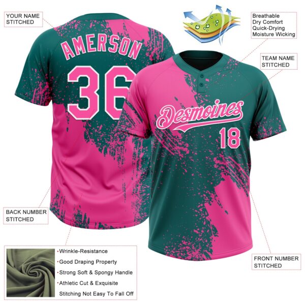 Custom Pink Teal-White 3D Pattern Abstract Brush Stroke Two-Button Unisex Softball Jersey