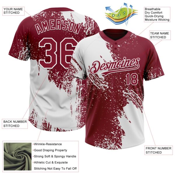 Custom White Crimson 3D Pattern Abstract Brush Stroke Two-Button Unisex Softball Jersey