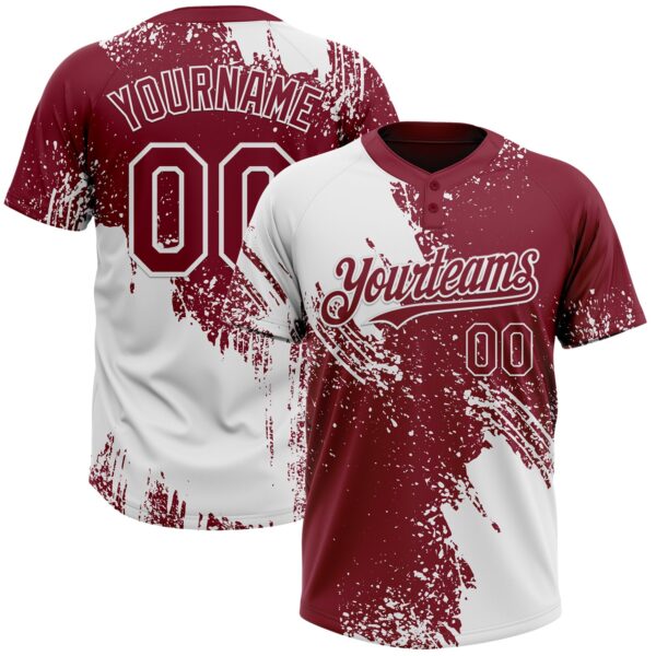 Custom White Crimson 3D Pattern Abstract Brush Stroke Two-Button Unisex Softball Jersey