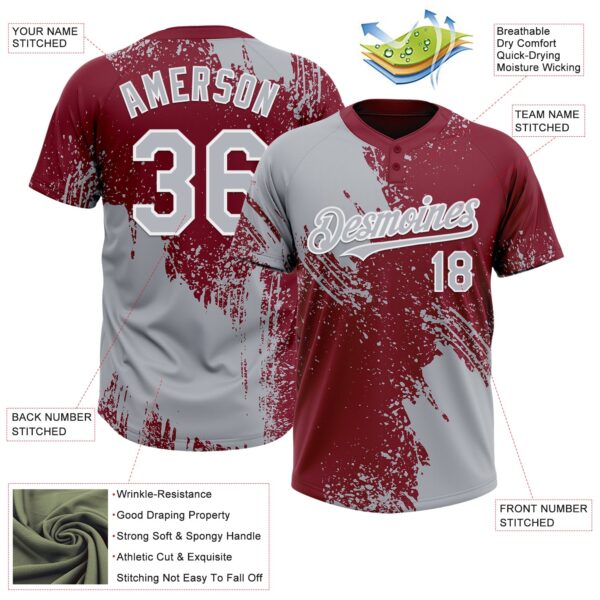 Custom Gray Crimson-White 3D Pattern Abstract Brush Stroke Two-Button Unisex Softball Jersey