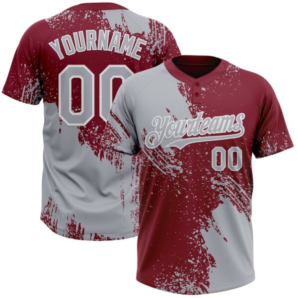 Custom Gray Crimson-White 3D Pattern Abstract Brush Stroke Two-Button Unisex Softball Jersey