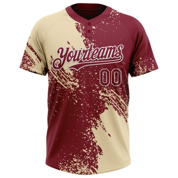 Custom Cream Crimson-White 3D Pattern Abstract Brush Stroke Two-Button Unisex Softball Jersey