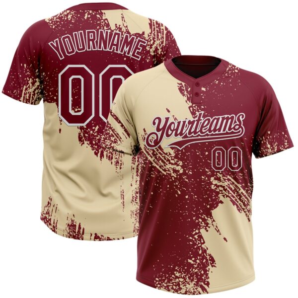 Custom Cream Crimson-White 3D Pattern Abstract Brush Stroke Two-Button Unisex Softball Jersey