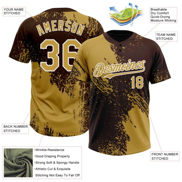 Custom Old Gold Brown-White 3D Pattern Abstract Brush Stroke Two-Button Unisex Softball Jersey