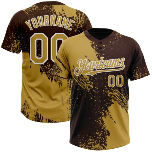 Softball1824 Custom Old Gold Brown-White 3D Pattern Abstract Brush Stroke Two-Button Unisex Softball Jersey