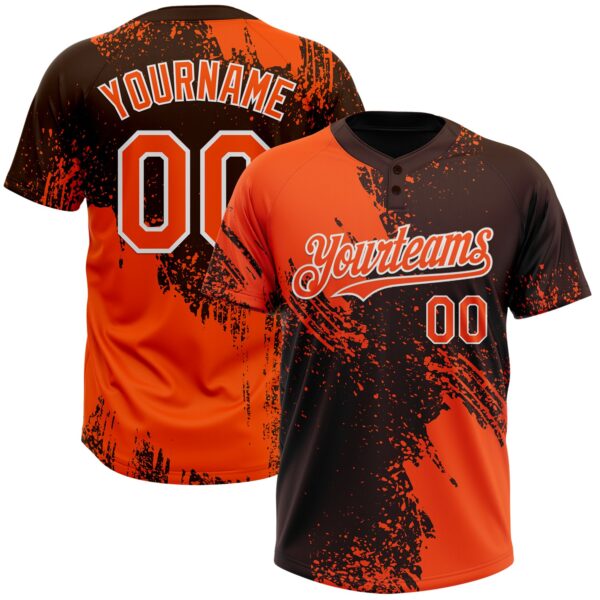 Custom Orange Brown-White 3D Pattern Abstract Brush Stroke Two-Button Unisex Softball Jersey