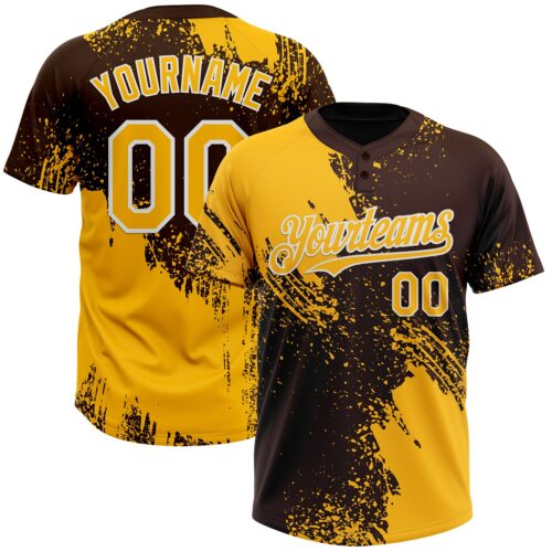 Custom Gold Brown-White 3D Pattern Abstract Brush Stroke Two-Button Unisex Softball Jersey