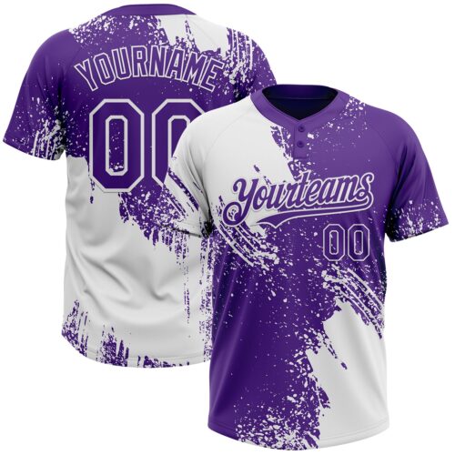 Softball1829 Custom White Purple 3D Pattern Abstract Brush Stroke Two-Button Unisex Softball Jersey
