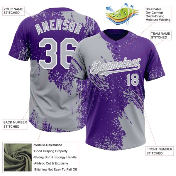 Custom Gray Purple-White 3D Pattern Abstract Brush Stroke Two-Button Unisex Softball Jersey