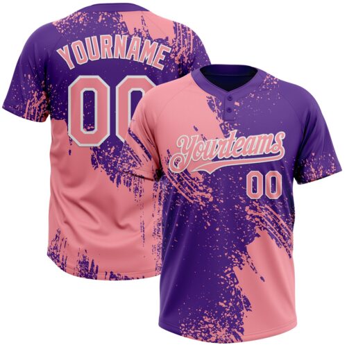 Custom Medium Pink Purple-White 3D Pattern Abstract Brush Stroke Two-Button Unisex Softball Jersey