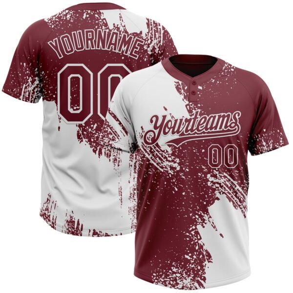 Custom White Burgundy 3D Pattern Abstract Brush Stroke Two-Button Unisex Softball Jersey