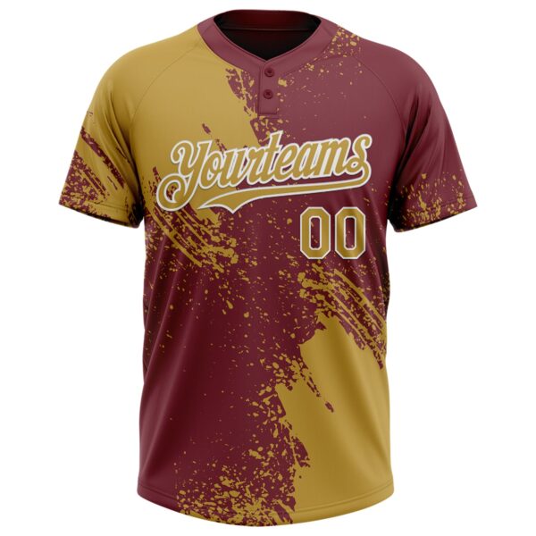 Custom Old Gold Burgundy-White 3D Pattern Abstract Brush Stroke Two-Button Unisex Softball Jersey
