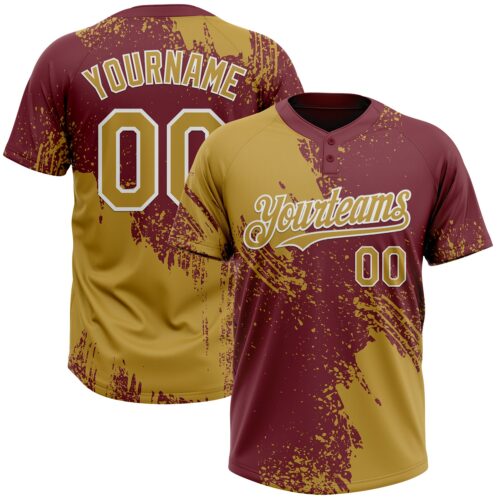 Softball1840 Custom Old Gold Burgundy-White 3D Pattern Abstract Brush Stroke Two-Button Unisex Softball Jersey