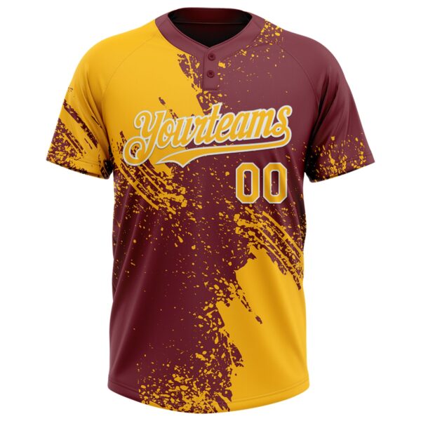 Custom Gold Burgundy-White 3D Pattern Abstract Brush Stroke Two-Button Unisex Softball Jersey
