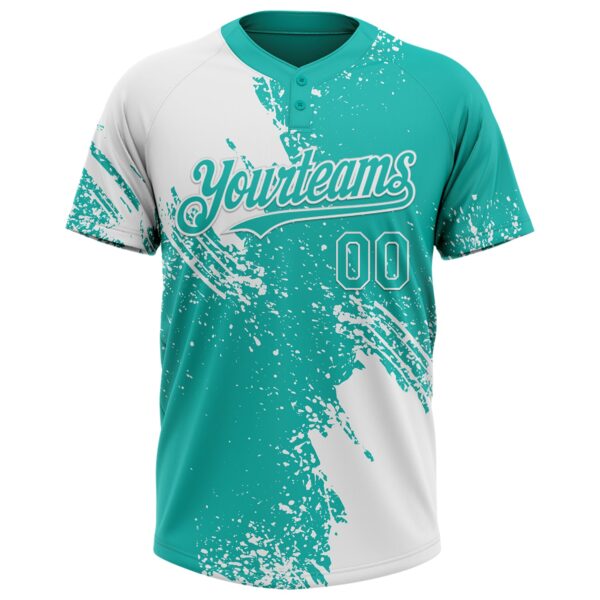 Custom White Aqua 3D Pattern Abstract Brush Stroke Two-Button Unisex Softball Jersey