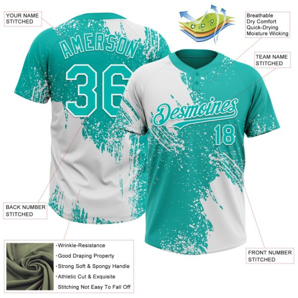 Custom White Aqua 3D Pattern Abstract Brush Stroke Two-Button Unisex Softball Jersey