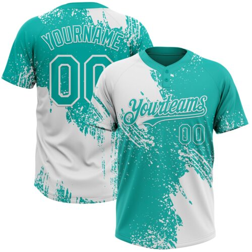 Softball1842 Custom White Aqua 3D Pattern Abstract Brush Stroke Two-Button Unisex Softball Jersey