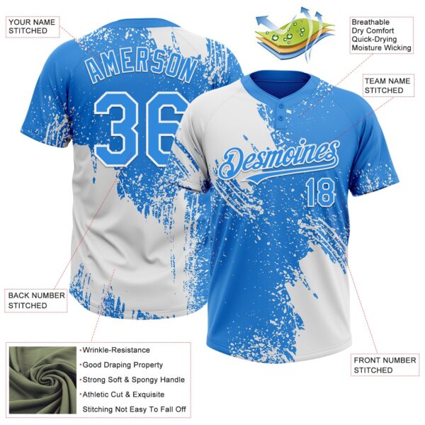 Custom White Electric Blue 3D Pattern Abstract Brush Stroke Two-Button Unisex Softball Jersey