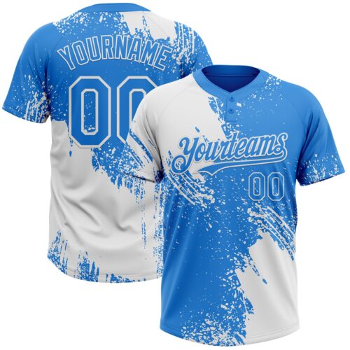 Custom White Electric Blue 3D Pattern Abstract Brush Stroke Two-Button Unisex Softball Jersey