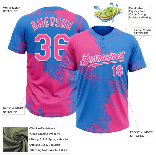 Custom Pink Electric Blue-White 3D Pattern Abstract Brush Stroke Two-Button Unisex Softball Jersey