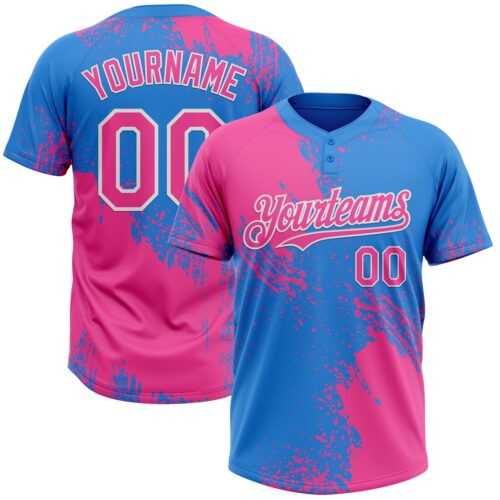 Custom Pink Electric Blue-White 3D Pattern Abstract Brush Stroke Two-Button Unisex Softball Jersey
