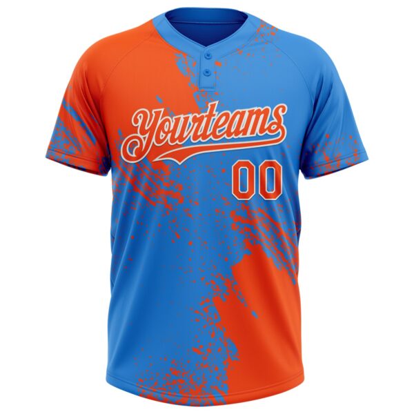 Custom Orange Electric Blue-White 3D Pattern Abstract Brush Stroke Two-Button Unisex Softball Jersey