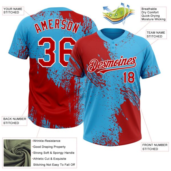 Custom Red Sky Blue-White 3D Pattern Abstract Brush Stroke Two-Button Unisex Softball Jersey