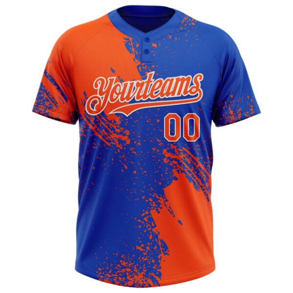 Custom Orange Thunder Blue-White 3D Pattern Abstract Brush Stroke Two-Button Unisex Softball Jersey