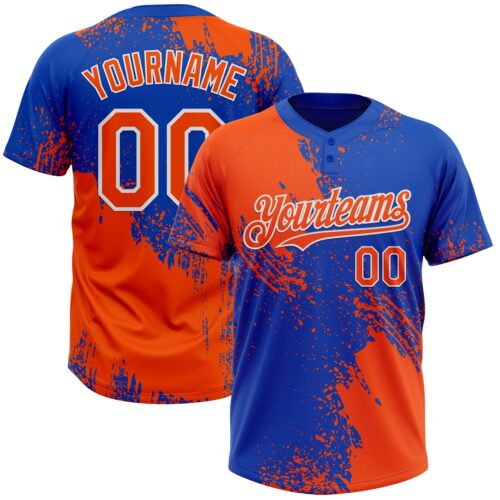 Softball1853 Custom Orange Thunder Blue-White 3D Pattern Abstract Brush Stroke Two-Button Unisex Softball Jersey